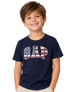 GAP Kids Navy Graphic Tee American Flag Logo Size S (6–7) 4th of July Shirt